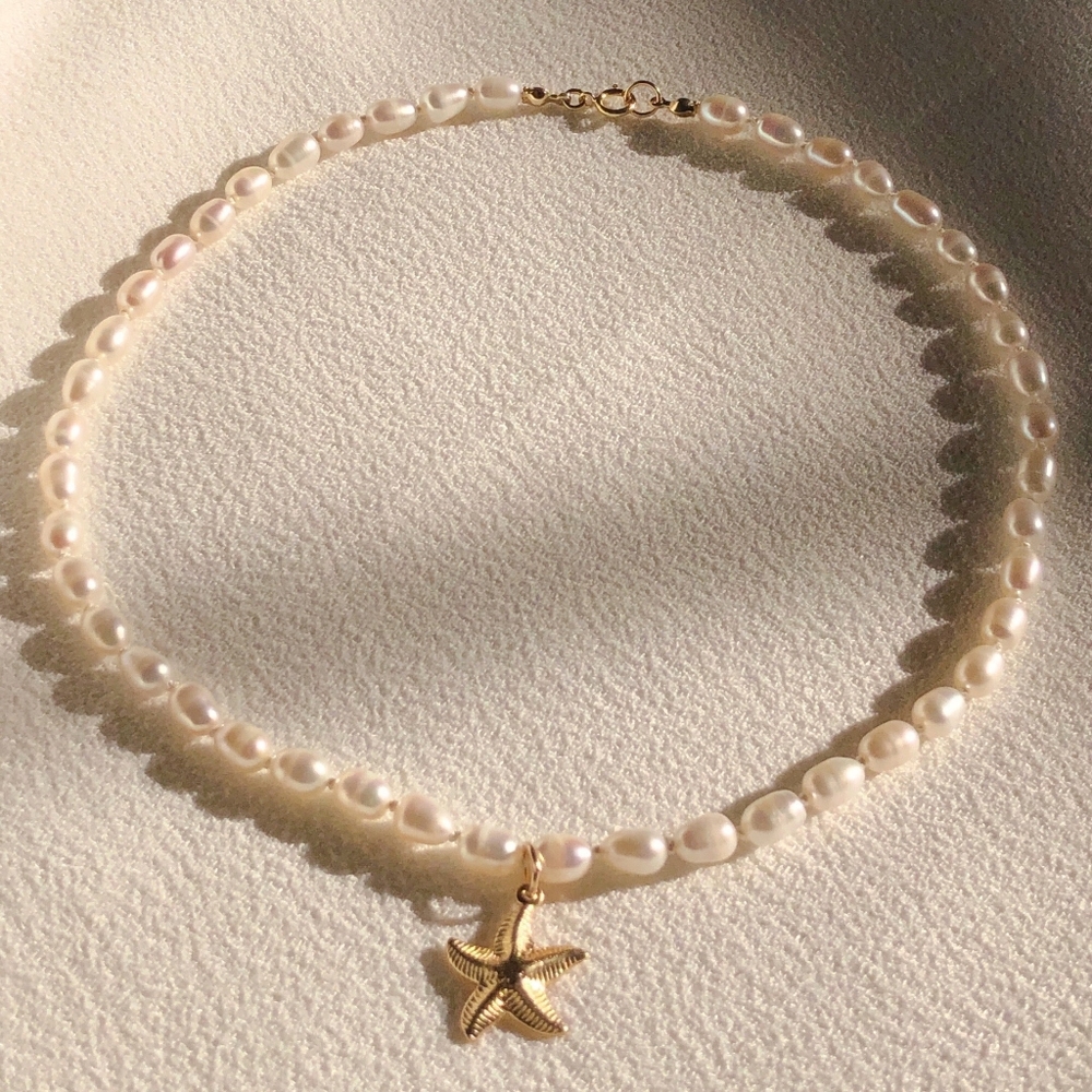 Real Pearl Necklace with Gold-filled Starfish Charm